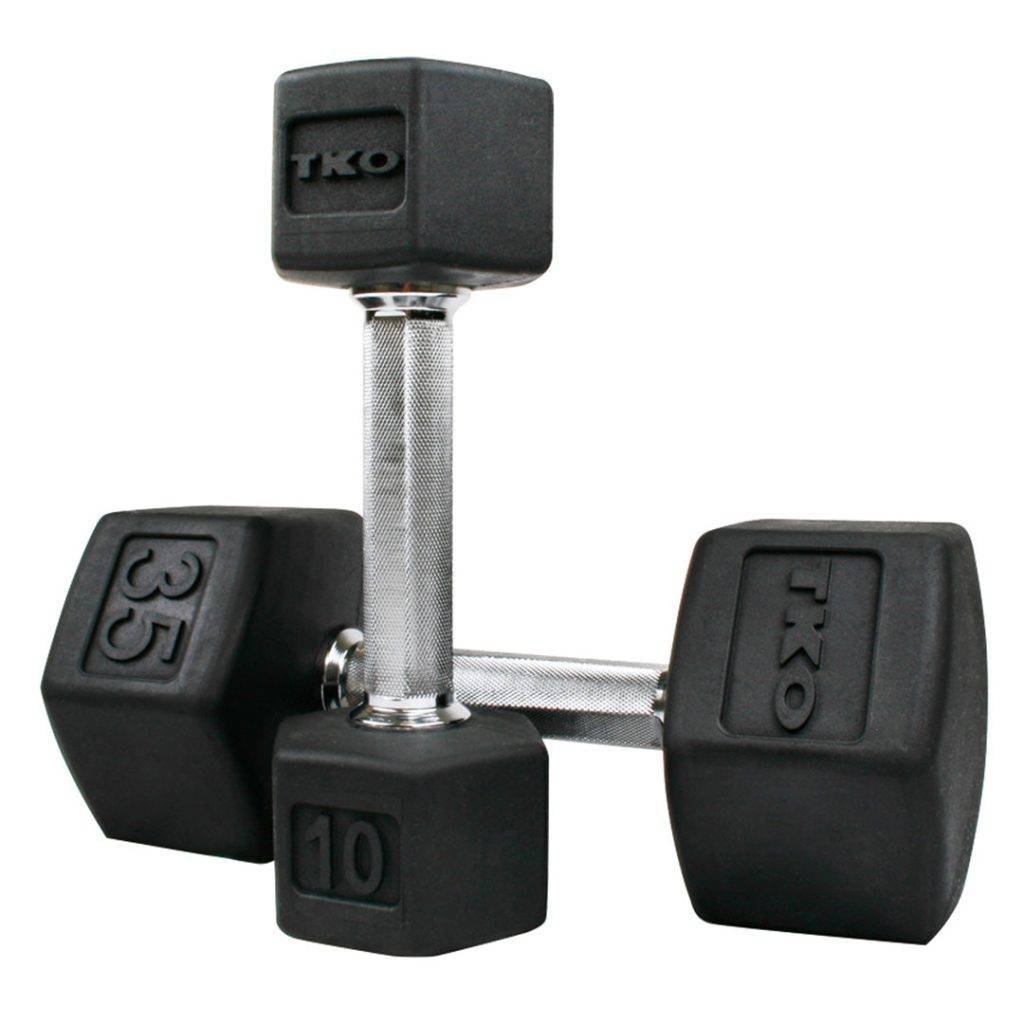 TKO 5-30 Pound Rubber Hex  Straight Handle Dumbbells w/ 8pr Vertical DB Rack