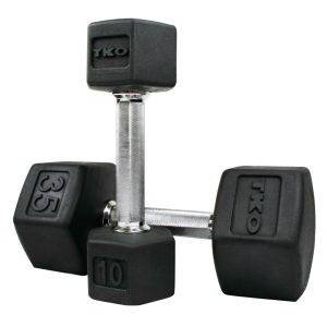 TKO 5-30 Pound Rubber Hex  Straight Handle Dumbbells w/ 8pr Vertical DB Rack