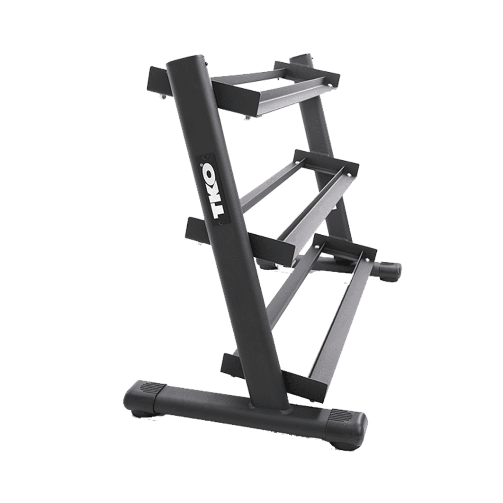 TKO 5-50 Pound Rubber Hex Straight Handle Dumbbells w/ 3 Tier Rail Rack