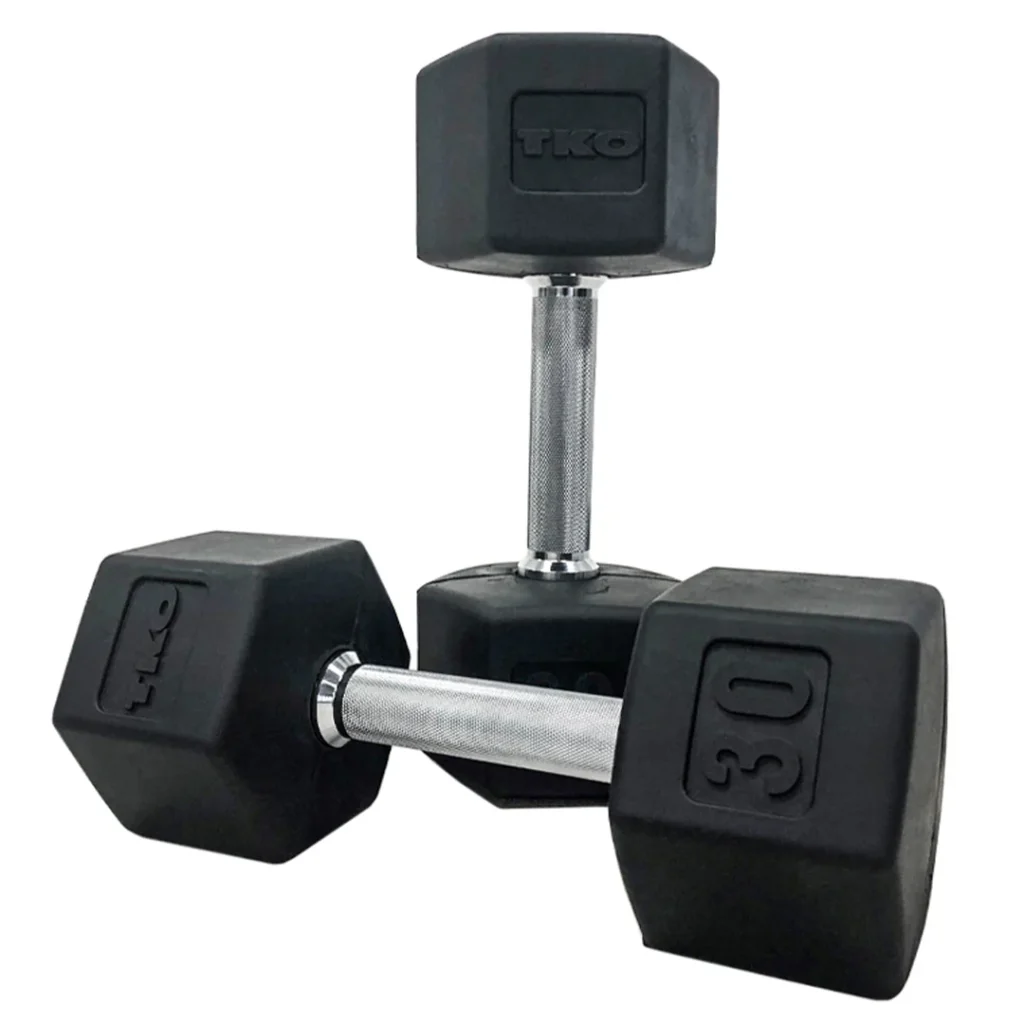 TKO 5-50 Pound Rubber Hex Straight Handle Dumbbells w/ 10 pair Vertical DB Rack