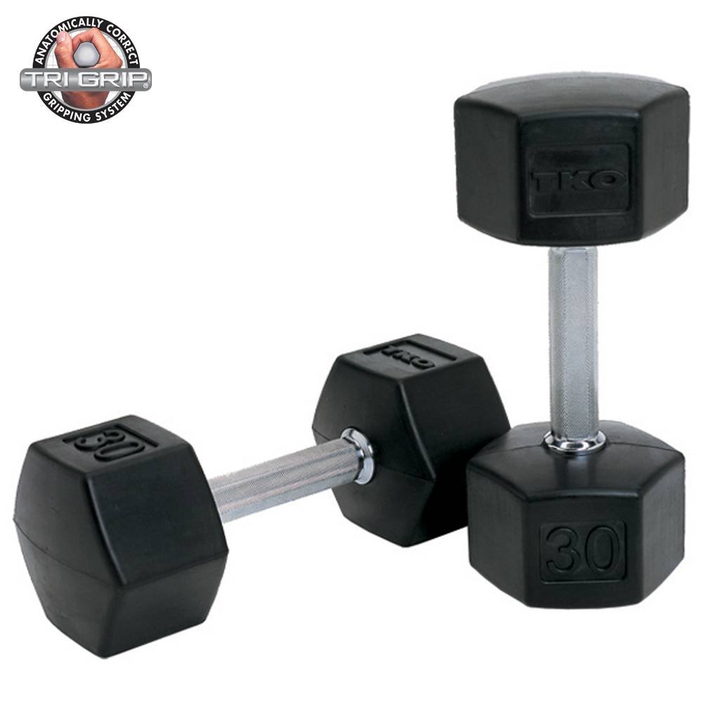 TKO 5-50 Pound Rubber Hex Straight Handle Dumbbells w/ 3 Tier Rail Rack