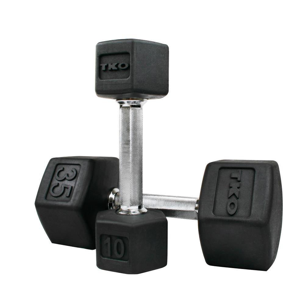 TKO 5-50 Pound Rubber Hex Straight Handle Dumbbells w/ 3 Tier Rail Rack