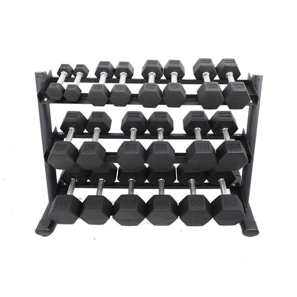 TKO 5-50 Pound Rubber Hex Straight Handle Dumbbells w/ 3 Tier Rail Rack