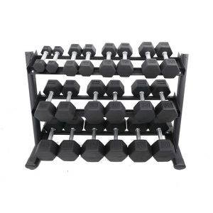 TKO 5-50 Pound Rubber Hex Straight Handle Dumbbells w/ 3 Tier Rail Rack