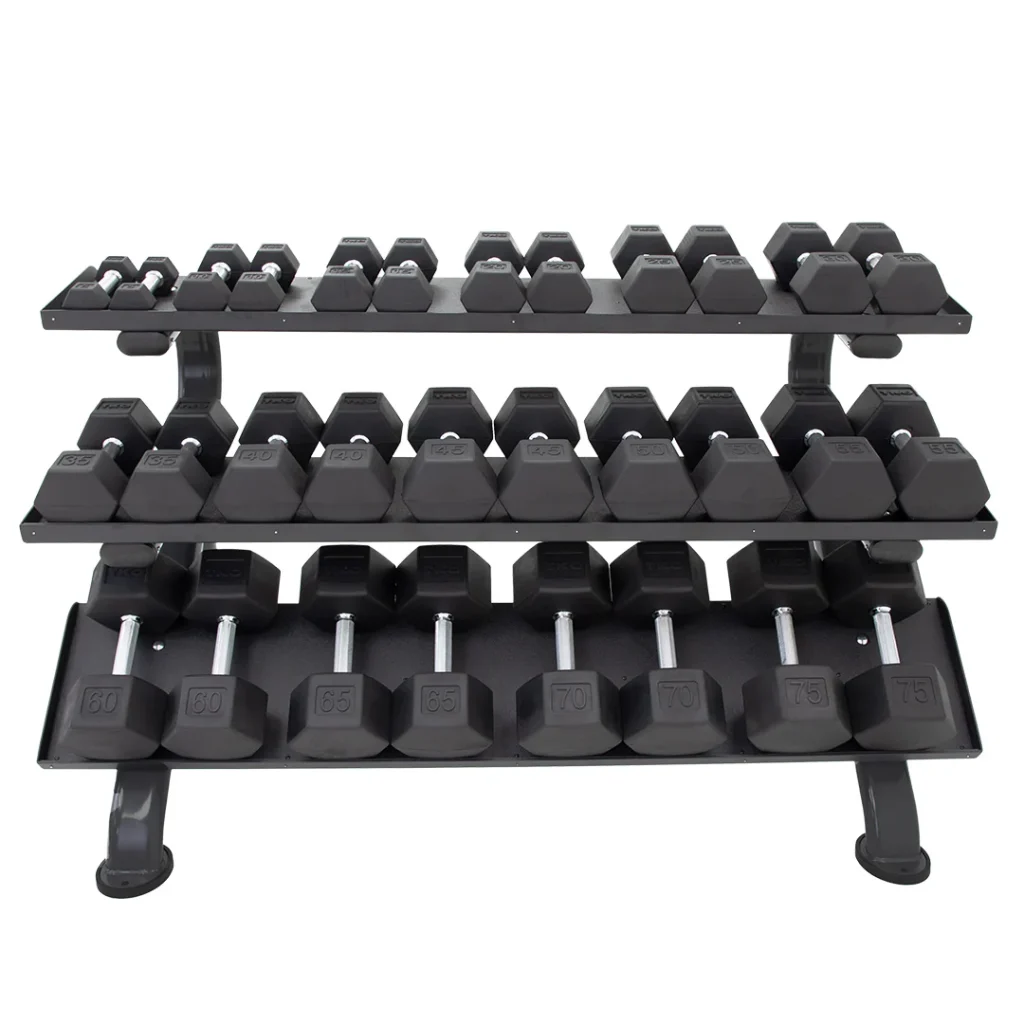 TKO 5-75 Pounds  Rubber Hex Straight Handle Dumbbells w/Horizontal DB Rack