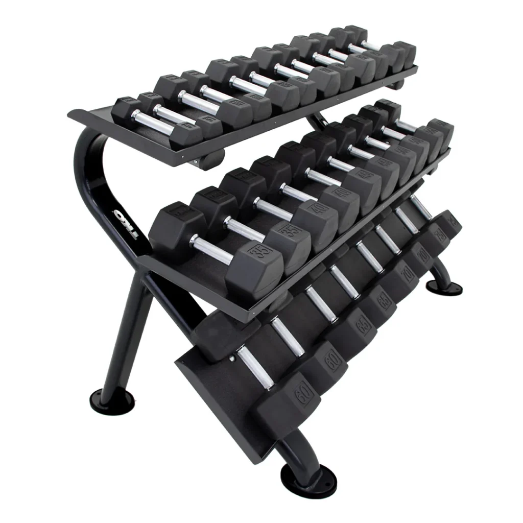 TKO 5-75 Pounds  Rubber Hex Straight Handle Dumbbells w/Horizontal DB Rack