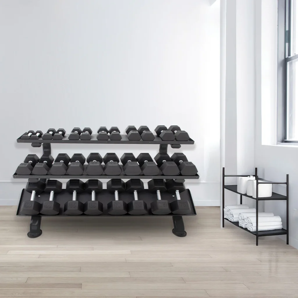 TKO 5-75 Pounds  Rubber Hex Straight Handle Dumbbells w/Horizontal DB Rack