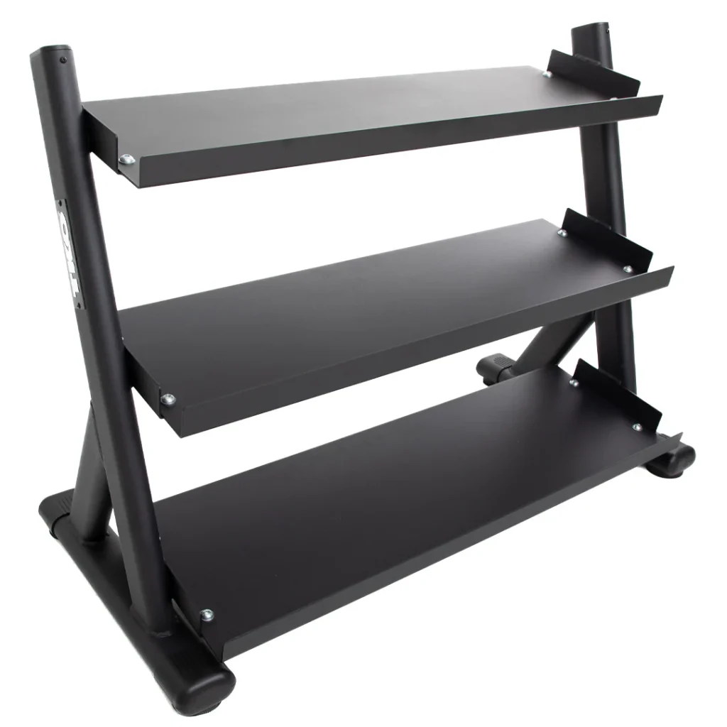 TKO 5-100 Pound Rubber Hex Straight Handle Dumbbells w/ 3 Tier Shelf Rack