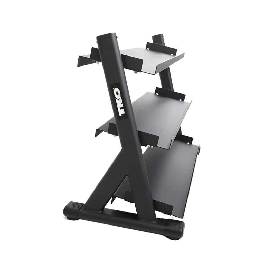 TKO 5-100 Pound Rubber Hex Straight Handle Dumbbells w/ 3 Tier Shelf Rack