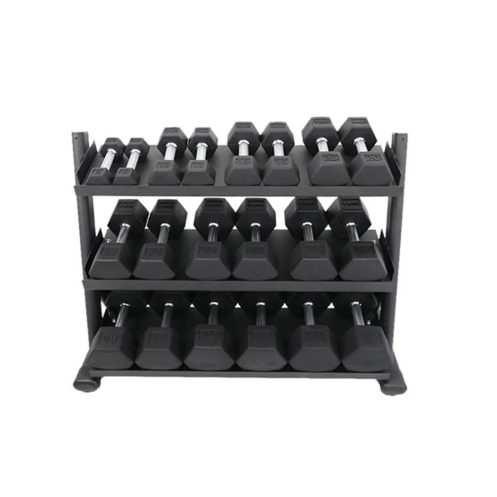 TKO 5-100 Pound Rubber Hex Straight Handle Dumbbells w/ 3 Tier Shelf Rack