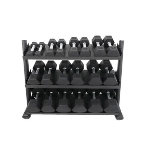 TKO 5-100 Pound Rubber Hex Straight Handle Dumbbells w/ 3 Tier Shelf Rack
