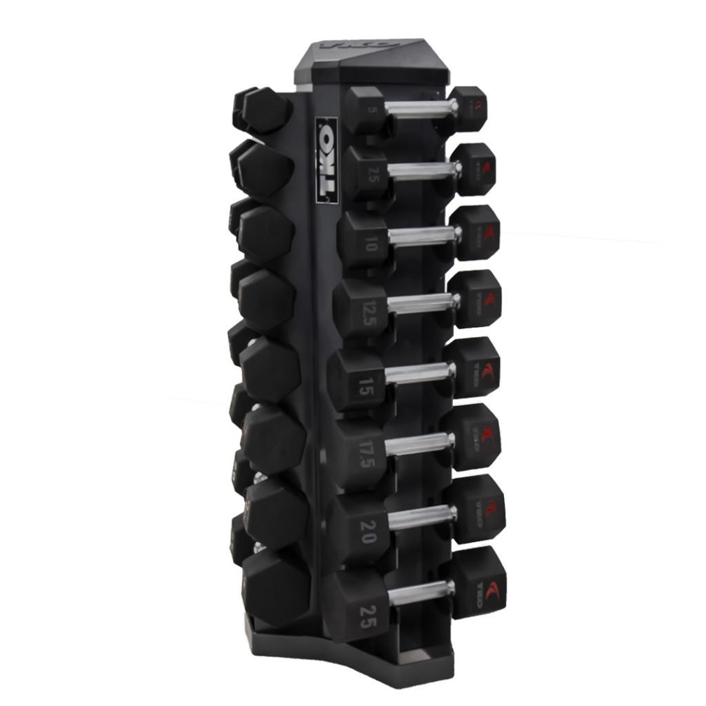 TKO 3-25 Pound Rubber Hex Straight Handle Dumbbells w/ 8pr Vertical DB Rack