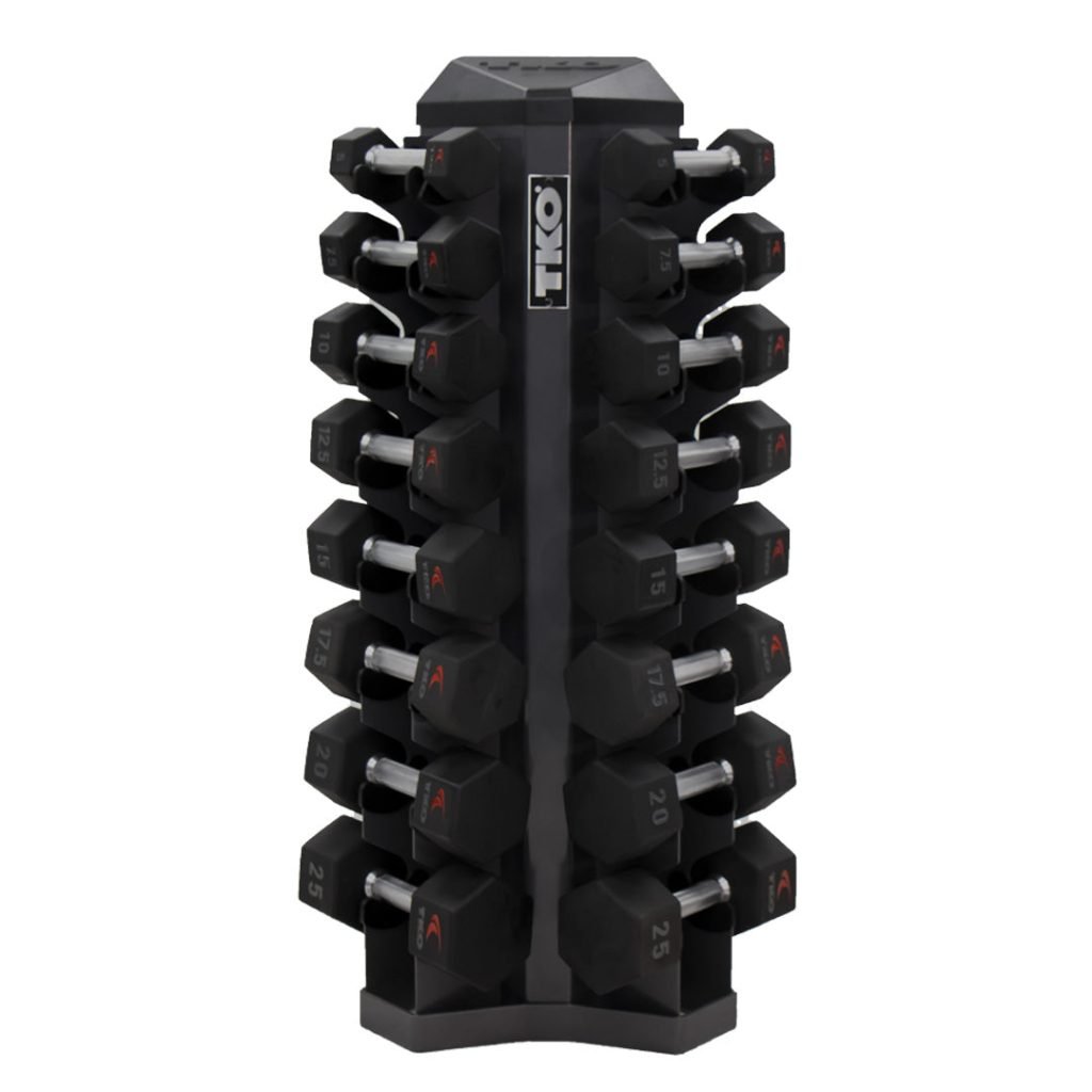 TKO 3-25 Pound Rubber Hex Straight Handle Dumbbells w/ 8pr Vertical DB Rack