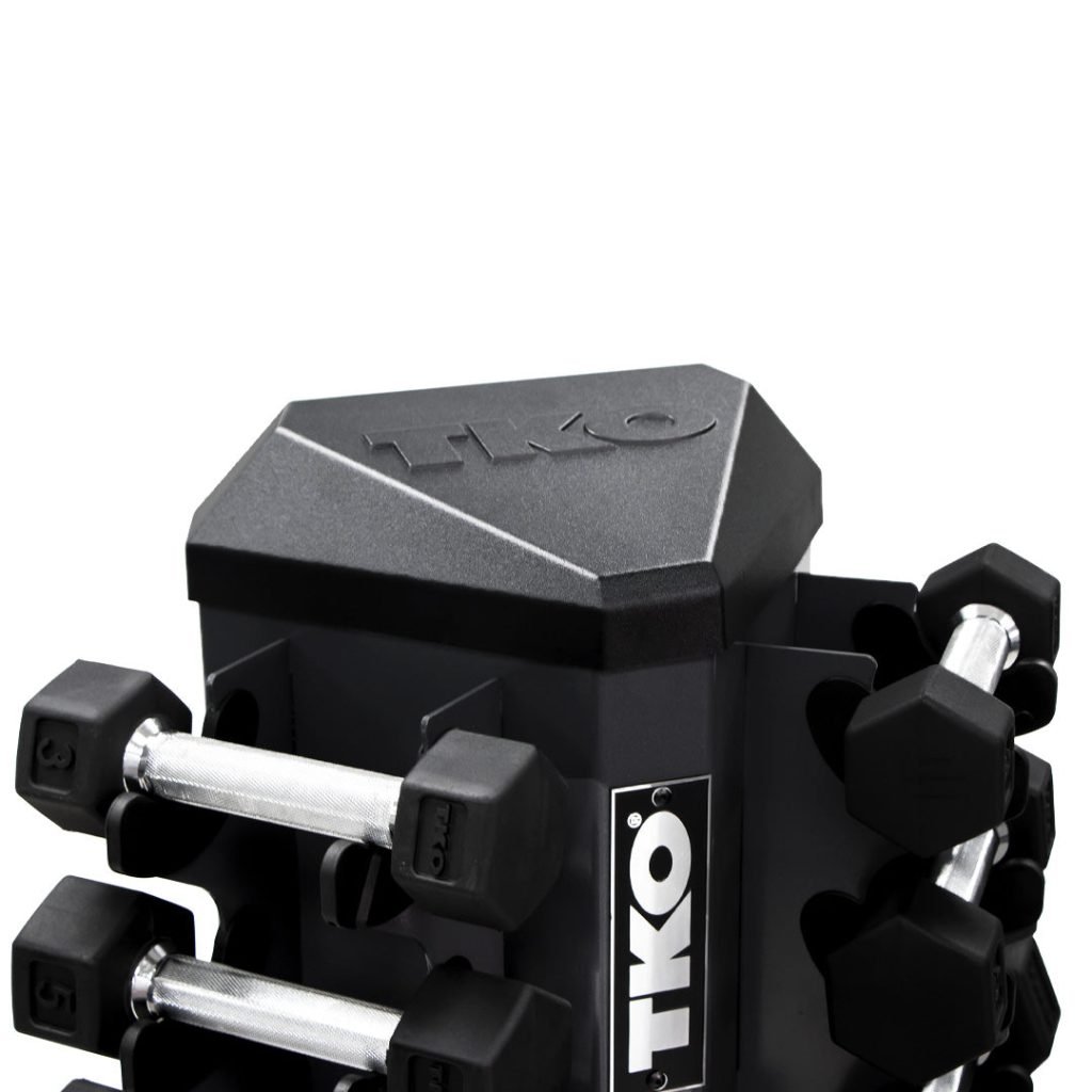 TKO 3-25 Pound Rubber Hex Straight Handle Dumbbells w/ 8pr Vertical DB Rack